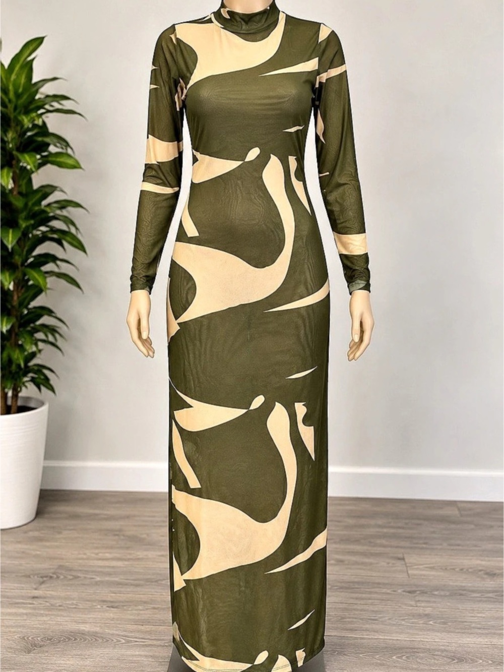 Women's Abstract Maxi Dress in Green & Cream